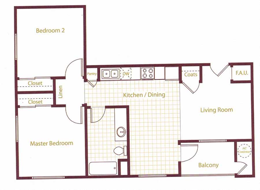 Floor plan for 2 beds, 1 bath, 763 sqft